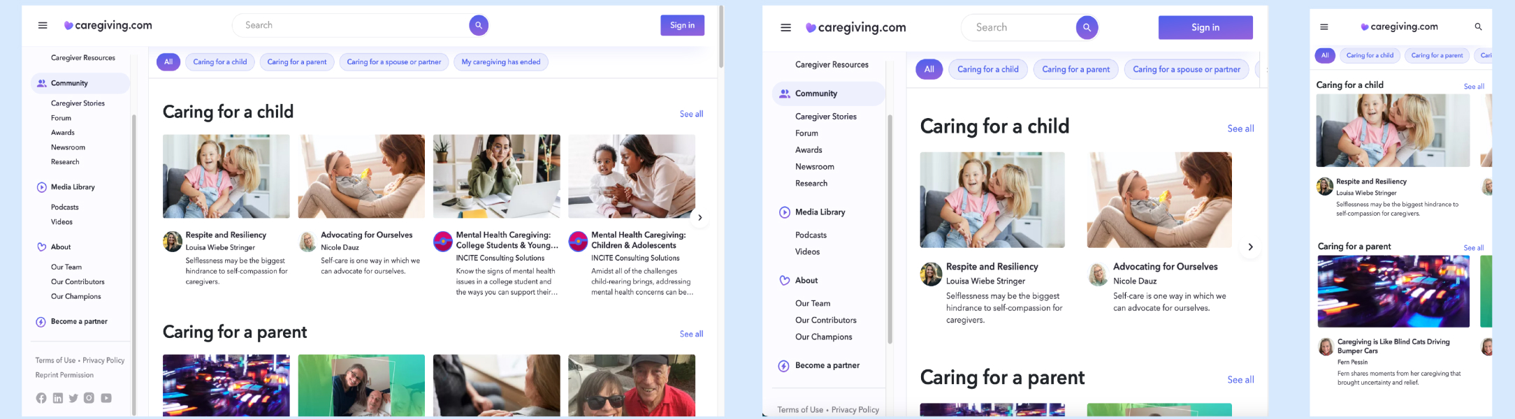 The caregiving website is in three frames: large, medium, and small format
