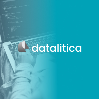 A person typing on a laptop with the Datalitica logo on the side.