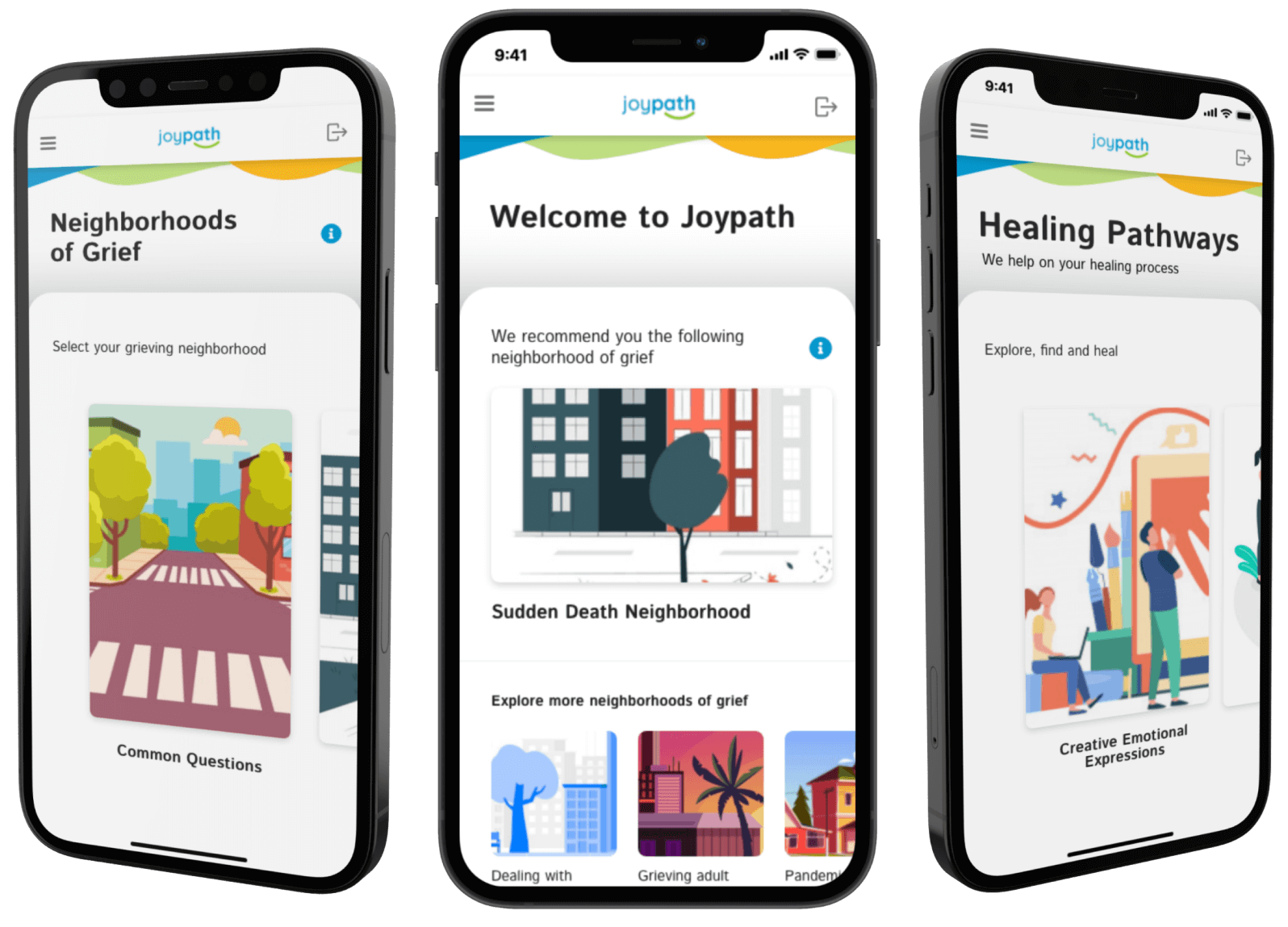 Three smartphones show screens with the headings: “Neighborhood of grief”, “Welcome to Joypath”, and “Healing Pathways”.