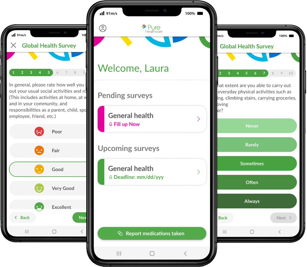 3 phones with PureHealth app, the two on the sides have the title "Global Health Survey", and the middle has "Welcome Laura".
